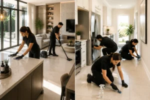 Comparison between deep cleaning and regular house cleaning performed by professional cleaners in a modern home.